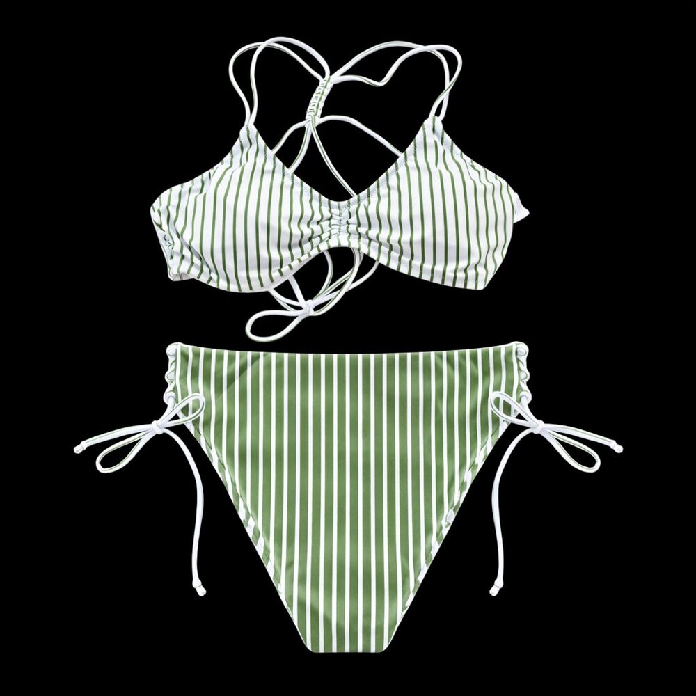 Women's Green & White Striped Bikini Set, M